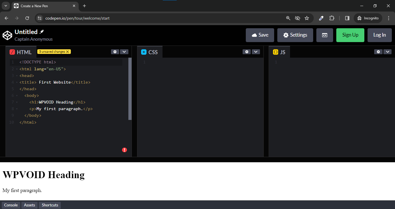 HTML code in Codepen editor online
