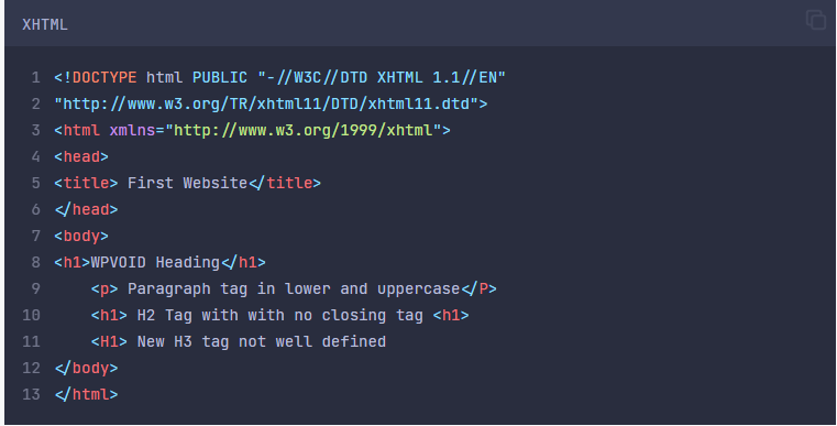 XHTML code with incorrect syntax or tag